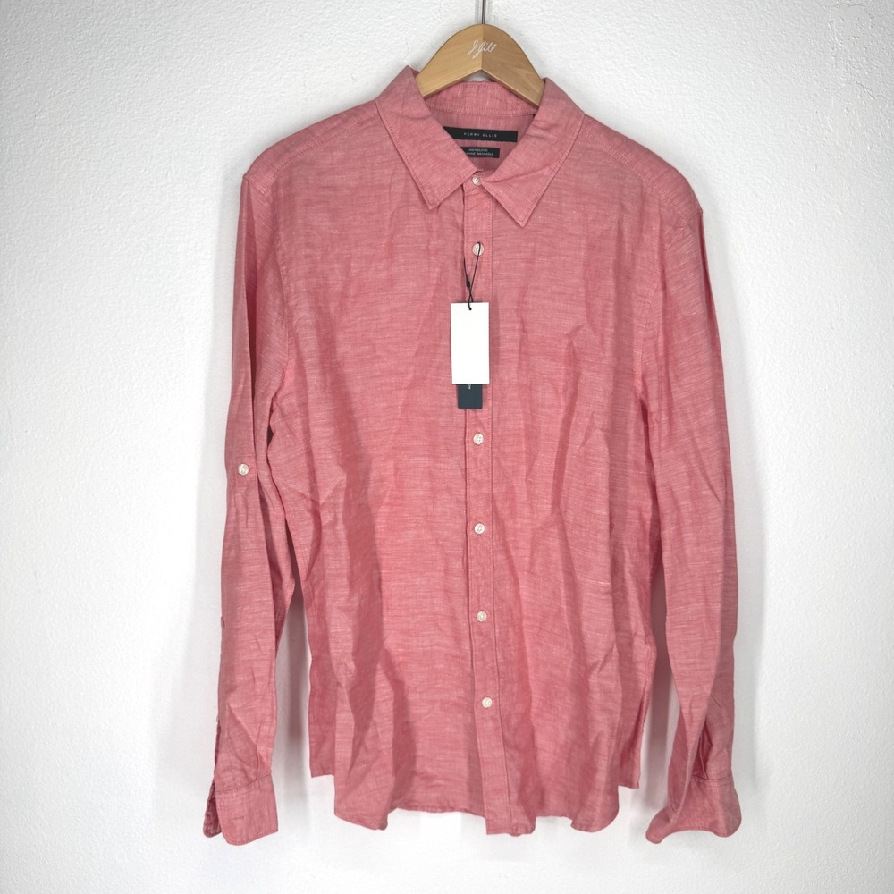 Perry Ellis Mens Mineral Red Linen Blend Roll-Tab Sleeve Button Down Shirt L NEW